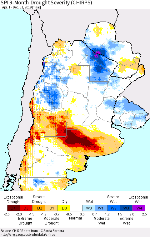 Southern South America SPI 9-Month Drought Severity (CHIRPS) Thematic Map For 4/1/2019 - 12/31/2019