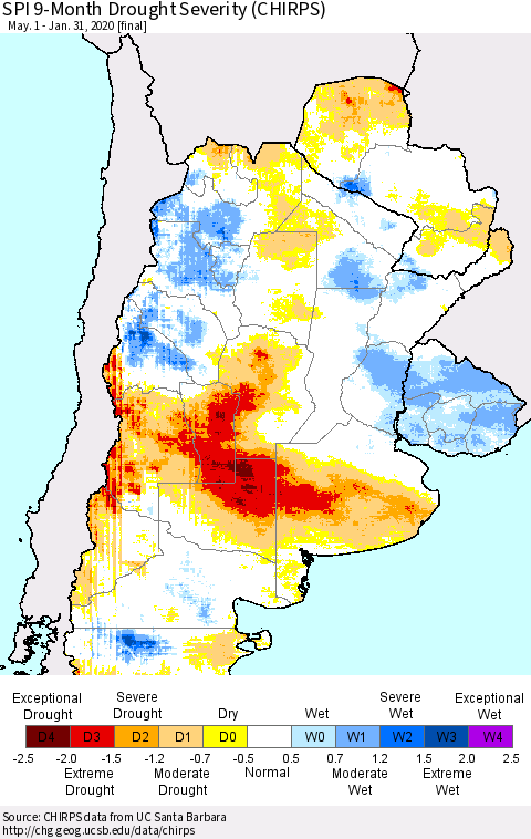 Southern South America SPI 9-Month Drought Severity (CHIRPS) Thematic Map For 5/1/2019 - 1/31/2020