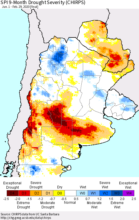 Southern South America SPI 9-Month Drought Severity (CHIRPS) Thematic Map For 6/1/2019 - 2/29/2020