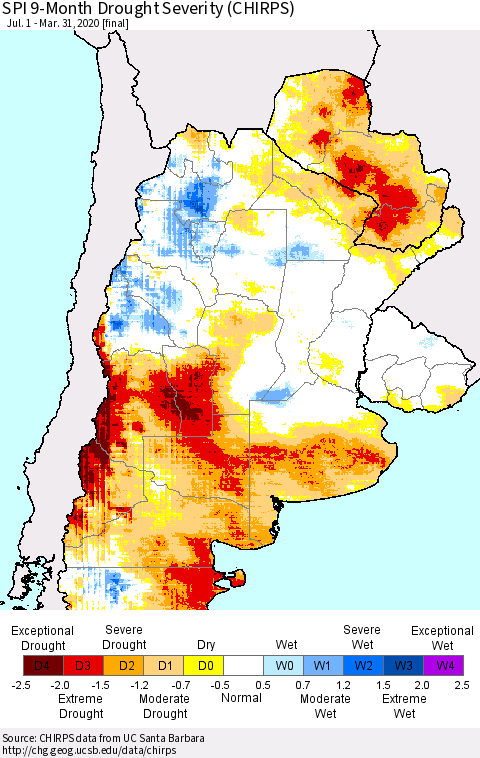 Southern South America SPI 9-Month Drought Severity (CHIRPS) Thematic Map For 7/1/2019 - 3/31/2020