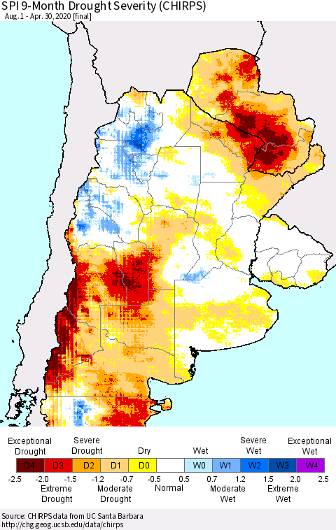 Southern South America SPI 9-Month Drought Severity (CHIRPS) Thematic Map For 8/1/2019 - 4/30/2020