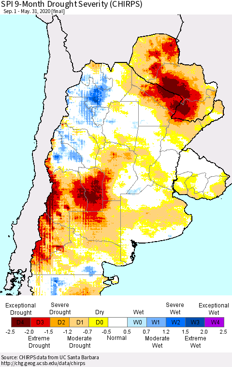 Southern South America SPI 9-Month Drought Severity (CHIRPS) Thematic Map For 9/1/2019 - 5/31/2020