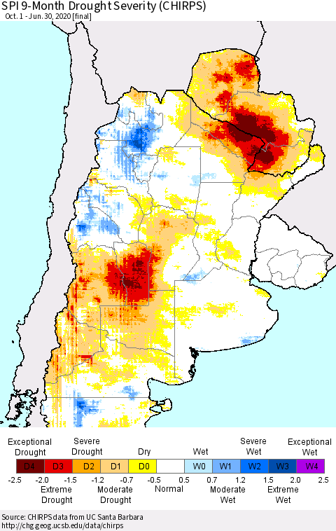 Southern South America SPI 9-Month Drought Severity (CHIRPS) Thematic Map For 10/1/2019 - 6/30/2020