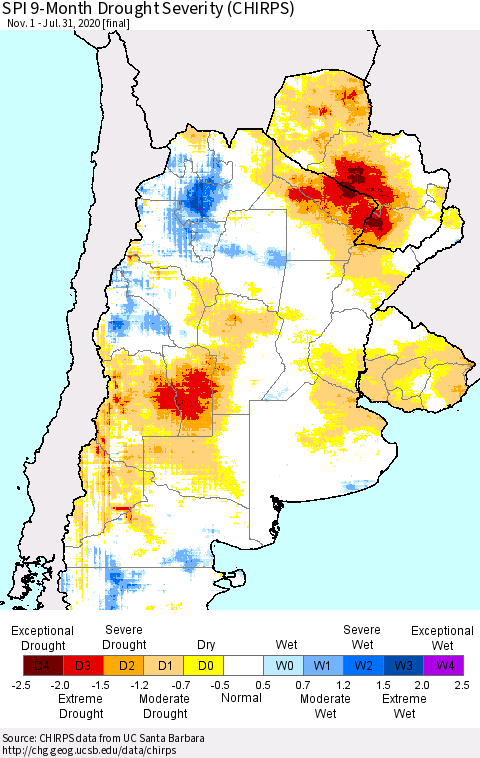 Southern South America SPI 9-Month Drought Severity (CHIRPS) Thematic Map For 11/1/2019 - 7/31/2020