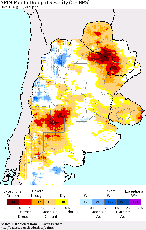 Southern South America SPI 9-Month Drought Severity (CHIRPS) Thematic Map For 12/1/2019 - 8/31/2020