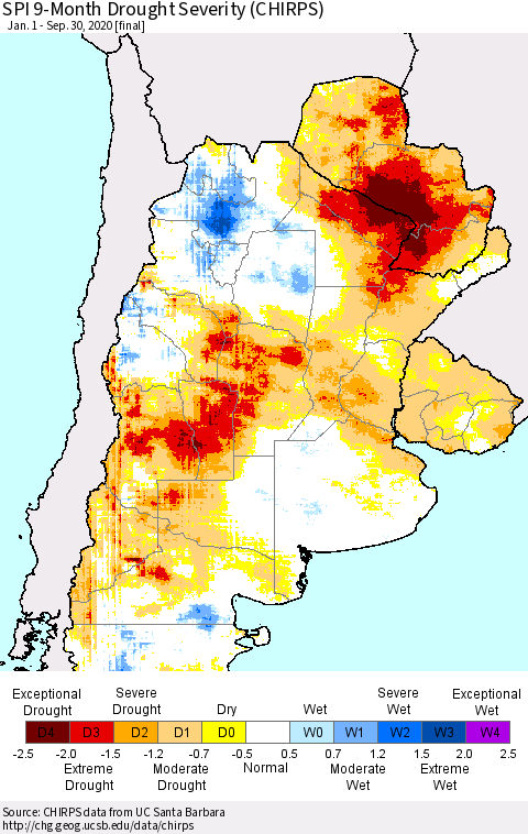 Southern South America SPI 9-Month Drought Severity (CHIRPS) Thematic Map For 1/1/2020 - 9/30/2020
