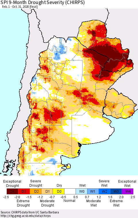 Southern South America SPI 9-Month Drought Severity (CHIRPS) Thematic Map For 2/1/2020 - 10/31/2020