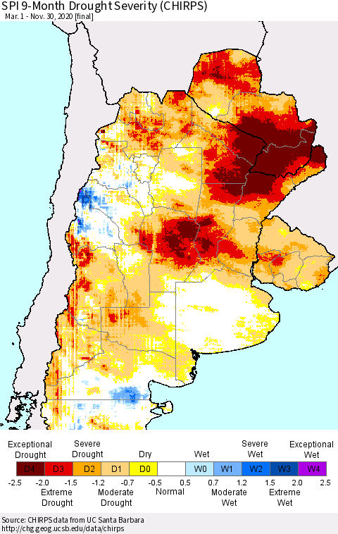 Southern South America SPI 9-Month Drought Severity (CHIRPS) Thematic Map For 3/1/2020 - 11/30/2020
