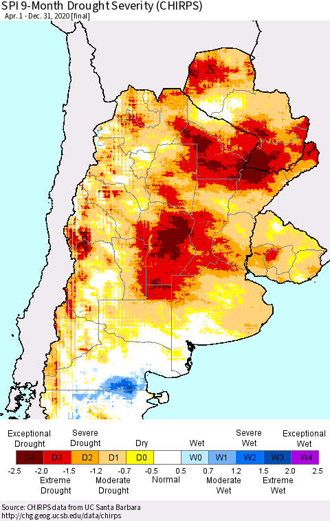 Southern South America SPI 9-Month Drought Severity (CHIRPS) Thematic Map For 4/1/2020 - 12/31/2020