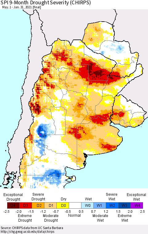 Southern South America SPI 9-Month Drought Severity (CHIRPS) Thematic Map For 5/1/2020 - 1/31/2021