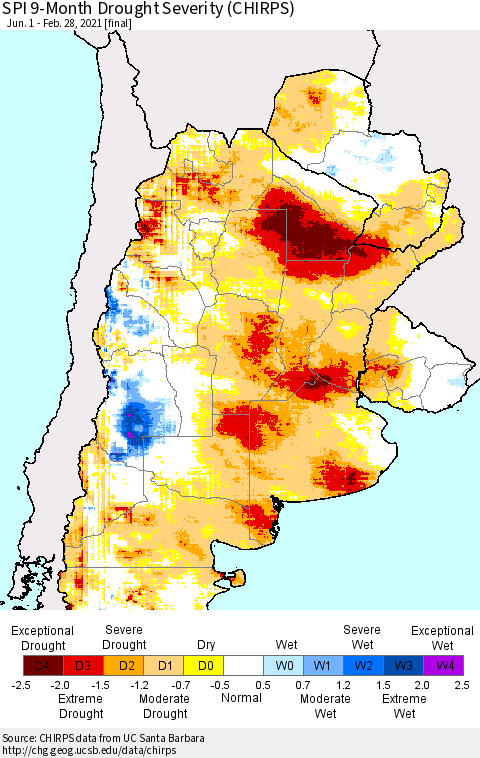 Southern South America SPI 9-Month Drought Severity (CHIRPS) Thematic Map For 6/1/2020 - 2/28/2021