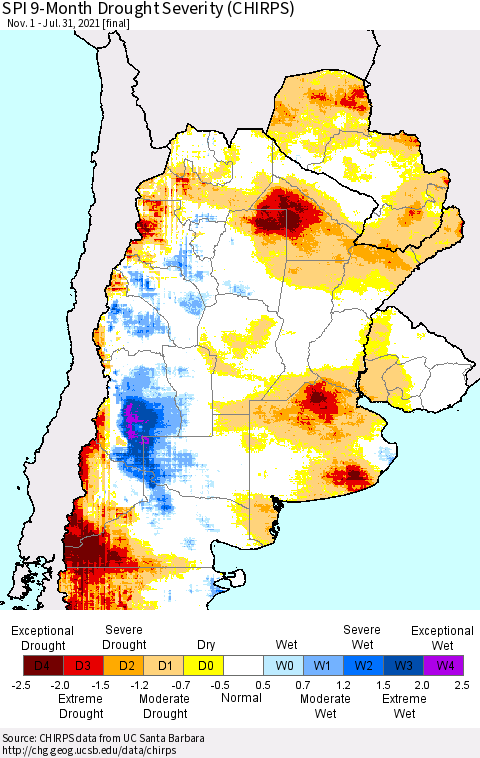 Southern South America SPI 9-Month Drought Severity (CHIRPS) Thematic Map For 11/1/2020 - 7/31/2021