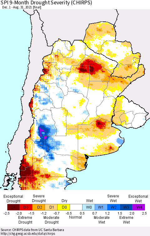 Southern South America SPI 9-Month Drought Severity (CHIRPS) Thematic Map For 12/1/2020 - 8/31/2021
