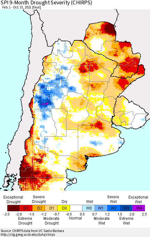 Southern South America SPI 9-Month Drought Severity (CHIRPS) Thematic Map For 2/1/2021 - 10/31/2021