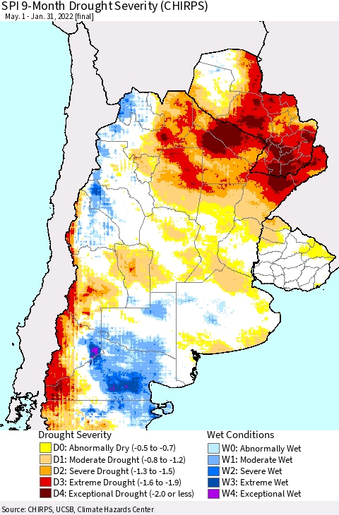 Southern South America SPI 9-Month Drought Severity (CHIRPS) Thematic Map For 5/1/2021 - 1/31/2022