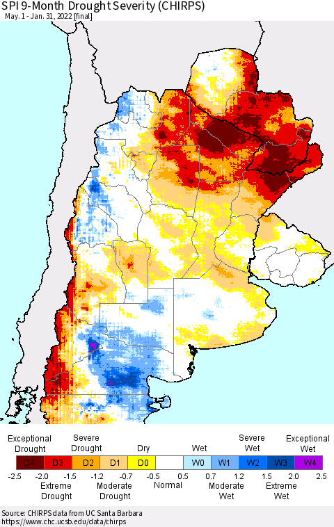 Southern South America SPI 9-Month Drought Severity (CHIRPS) Thematic Map For 5/1/2021 - 1/31/2022