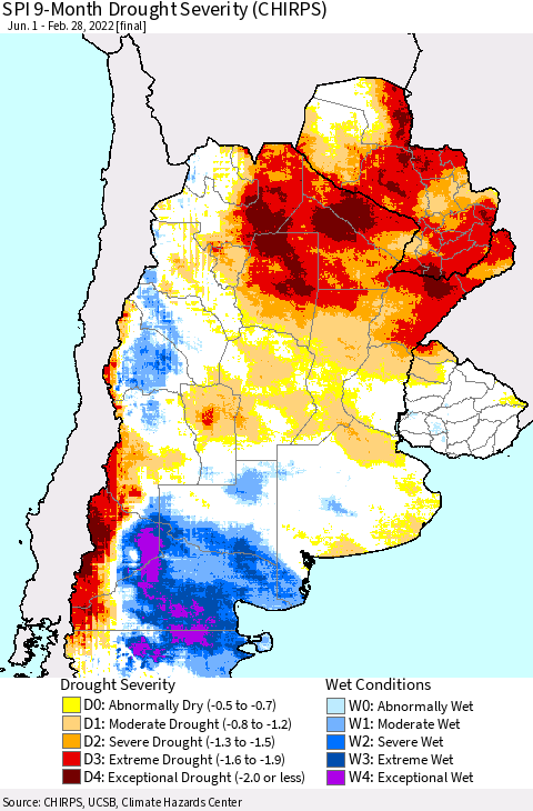 Southern South America SPI 9-Month Drought Severity (CHIRPS) Thematic Map For 6/1/2021 - 2/28/2022