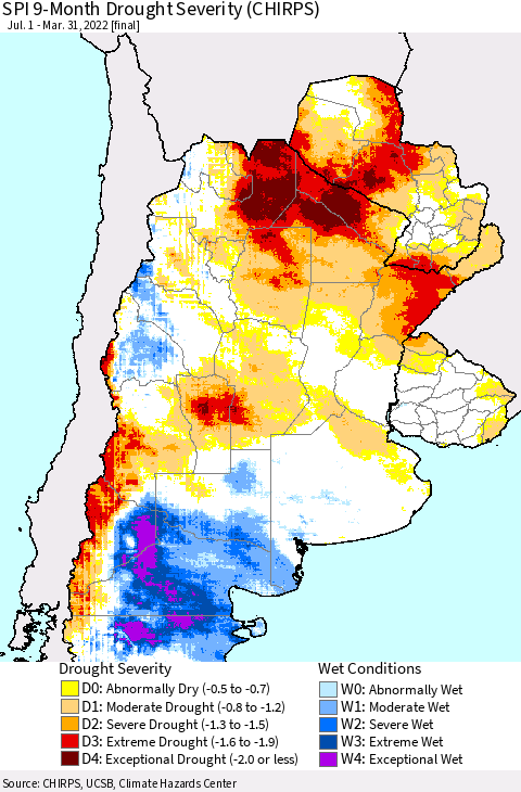 Southern South America SPI 9-Month Drought Severity (CHIRPS) Thematic Map For 7/1/2021 - 3/31/2022