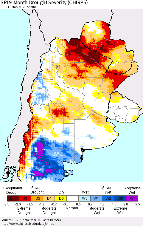 Southern South America SPI 9-Month Drought Severity (CHIRPS) Thematic Map For 7/1/2021 - 3/31/2022