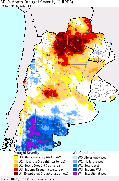 Southern South America SPI 9-Month Drought Severity (CHIRPS) Thematic Map For 8/1/2021 - 4/30/2022