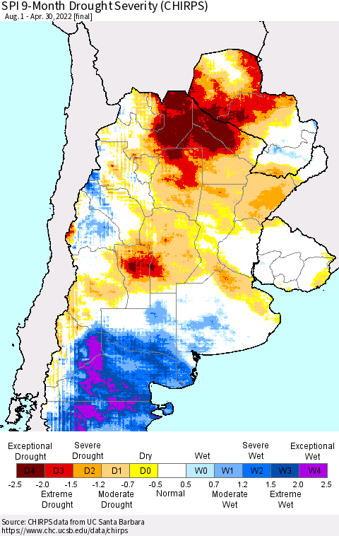 Southern South America SPI 9-Month Drought Severity (CHIRPS) Thematic Map For 8/1/2021 - 4/30/2022