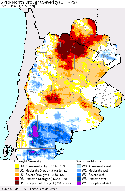 Southern South America SPI 9-Month Drought Severity (CHIRPS) Thematic Map For 9/1/2021 - 5/31/2022