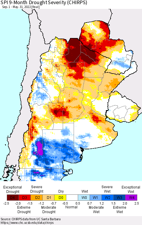 Southern South America SPI 9-Month Drought Severity (CHIRPS) Thematic Map For 9/1/2021 - 5/31/2022