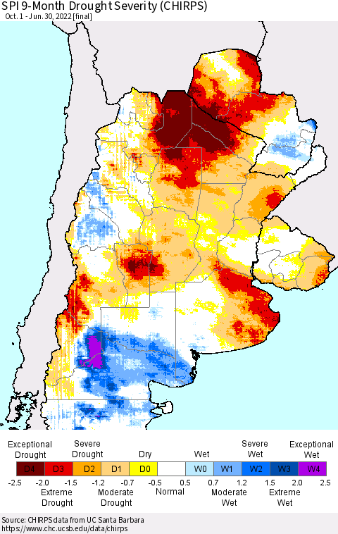 Southern South America SPI 9-Month Drought Severity (CHIRPS) Thematic Map For 10/1/2021 - 6/30/2022