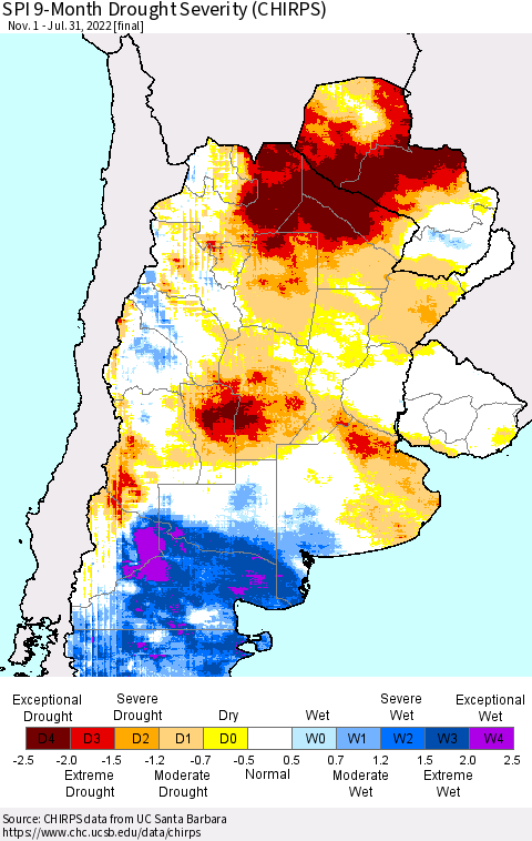Southern South America SPI 9-Month Drought Severity (CHIRPS) Thematic Map For 11/1/2021 - 7/31/2022