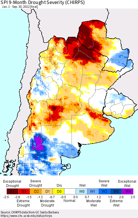 Southern South America SPI 9-Month Drought Severity (CHIRPS) Thematic Map For 1/1/2022 - 9/30/2022