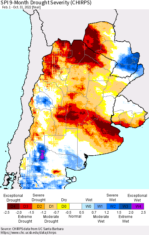 Southern South America SPI 9-Month Drought Severity (CHIRPS) Thematic Map For 2/1/2022 - 10/31/2022