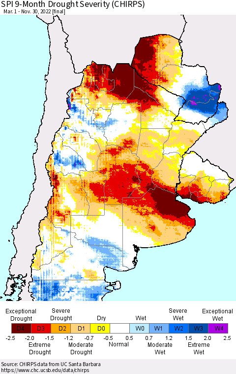 Southern South America SPI 9-Month Drought Severity (CHIRPS) Thematic Map For 3/1/2022 - 11/30/2022