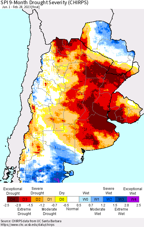 Southern South America SPI 9-Month Drought Severity (CHIRPS) Thematic Map For 6/1/2022 - 2/28/2023