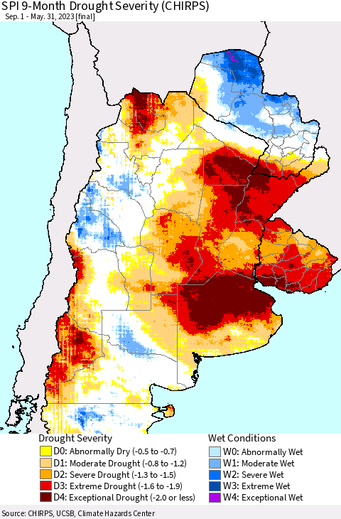 Southern South America SPI 9-Month Drought Severity (CHIRPS) Thematic Map For 9/1/2022 - 5/31/2023