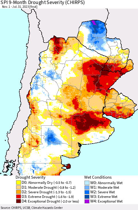 Southern South America SPI 9-Month Drought Severity (CHIRPS) Thematic Map For 11/1/2022 - 7/31/2023
