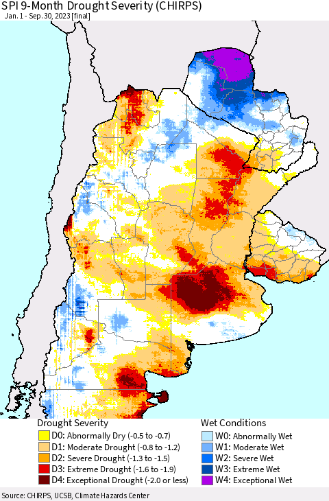 Southern South America SPI 9-Month Drought Severity (CHIRPS) Thematic Map For 1/1/2023 - 9/30/2023