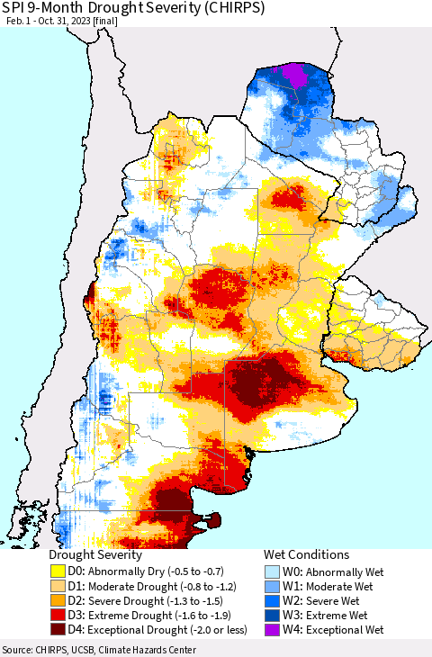 Southern South America SPI 9-Month Drought Severity (CHIRPS) Thematic Map For 2/1/2023 - 10/31/2023