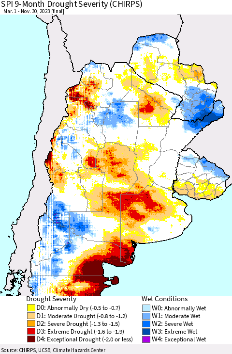 Southern South America SPI 9-Month Drought Severity (CHIRPS) Thematic Map For 3/1/2023 - 11/30/2023