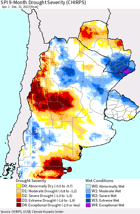 Southern South America SPI 9-Month Drought Severity (CHIRPS) Thematic Map For 4/1/2023 - 12/31/2023