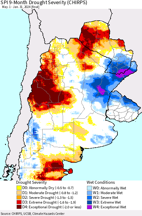 Southern South America SPI 9-Month Drought Severity (CHIRPS) Thematic Map For 5/1/2023 - 1/31/2024