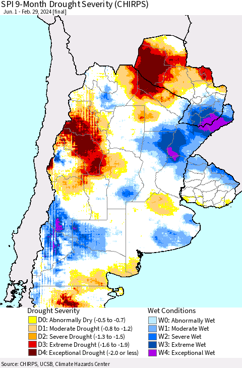 Southern South America SPI 9-Month Drought Severity (CHIRPS) Thematic Map For 6/1/2023 - 2/29/2024