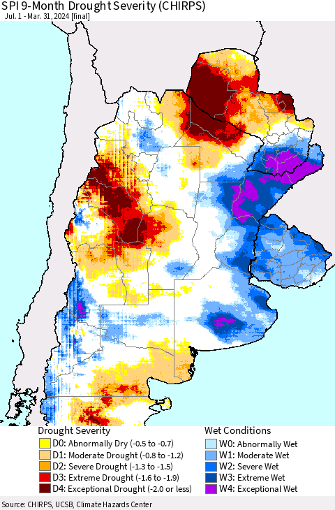 Southern South America SPI 9-Month Drought Severity (CHIRPS) Thematic Map For 7/1/2023 - 3/31/2024