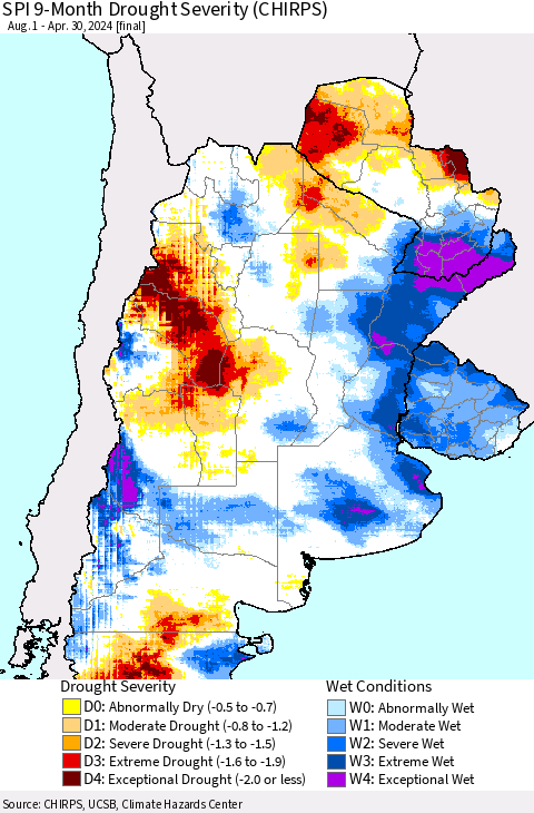 Southern South America SPI 9-Month Drought Severity (CHIRPS) Thematic Map For 8/1/2023 - 4/30/2024