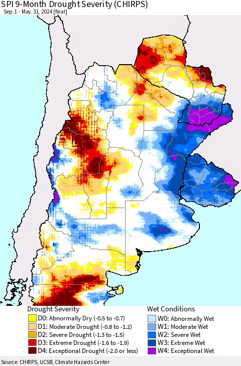 Southern South America SPI 9-Month Drought Severity (CHIRPS) Thematic Map For 9/1/2023 - 5/31/2024