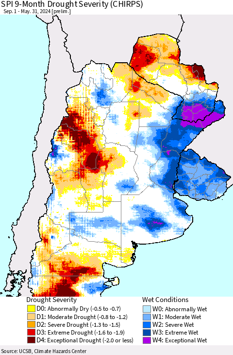 Southern South America SPI 9-Month Drought Severity (CHIRPS) Thematic Map For 9/1/2023 - 5/31/2024