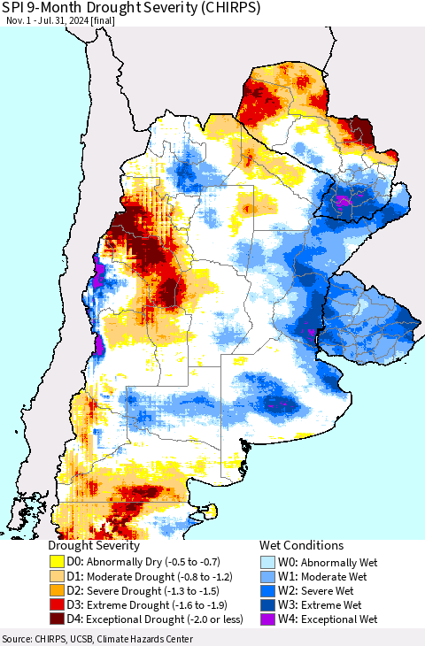 Southern South America SPI 9-Month Drought Severity (CHIRPS) Thematic Map For 11/1/2023 - 7/31/2024