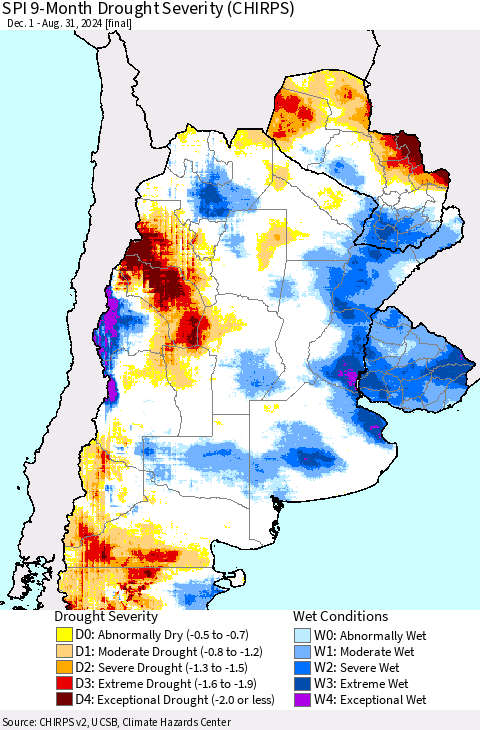 Southern South America SPI 9-Month Drought Severity (CHIRPS) Thematic Map For 12/1/2023 - 8/31/2024