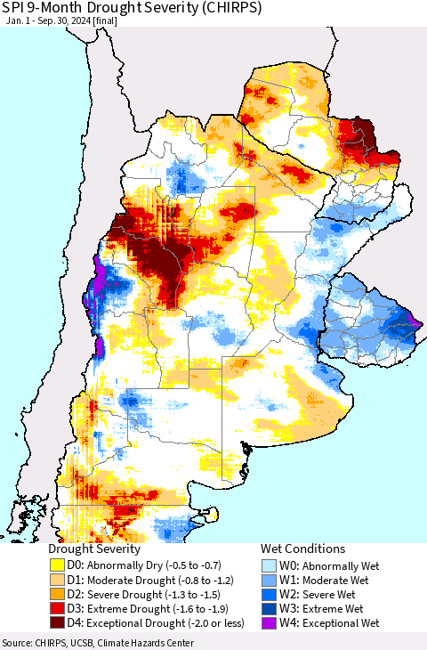 Southern South America SPI 9-Month Drought Severity (CHIRPS) Thematic Map For 1/1/2024 - 9/30/2024
