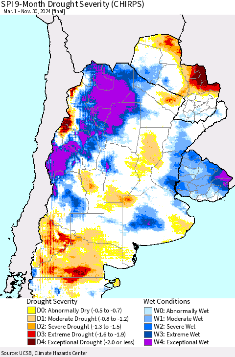 Southern South America SPI 9-Month Drought Severity (CHIRPS) Thematic Map For 3/1/2024 - 11/30/2024