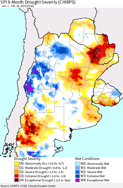 Southern South America SPI 9-Month Drought Severity (CHIRPS) Thematic Map For 6/1/2024 - 2/28/2025